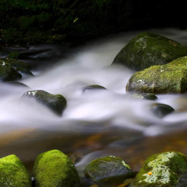 Green boulders and flowing river